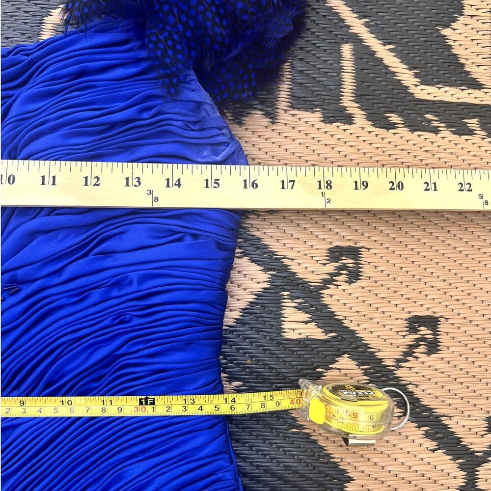 Vtg 80s Custom Made Cobalt Blue Feather Cocktail Dress Ruched Mini Showgirl S/M - Picture 9 of 10